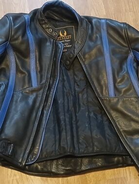 Belstaff Black Leather Jacket with Blue Trim Elbow Pads Size 42